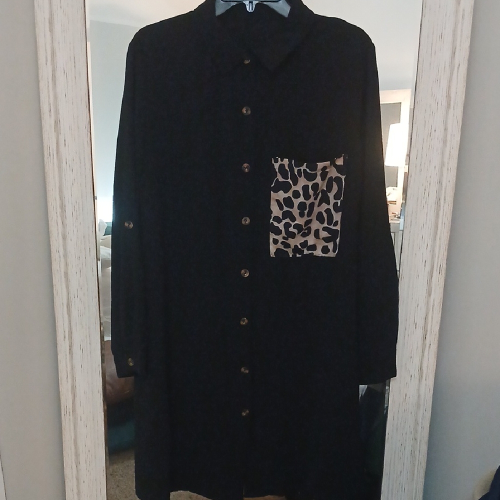 Black Button-Up Shirt with Leopard Print Pocket